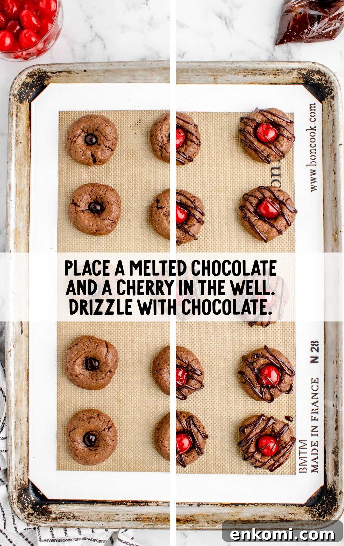 melted chocolate and cherry in the well and drizzle chocolate