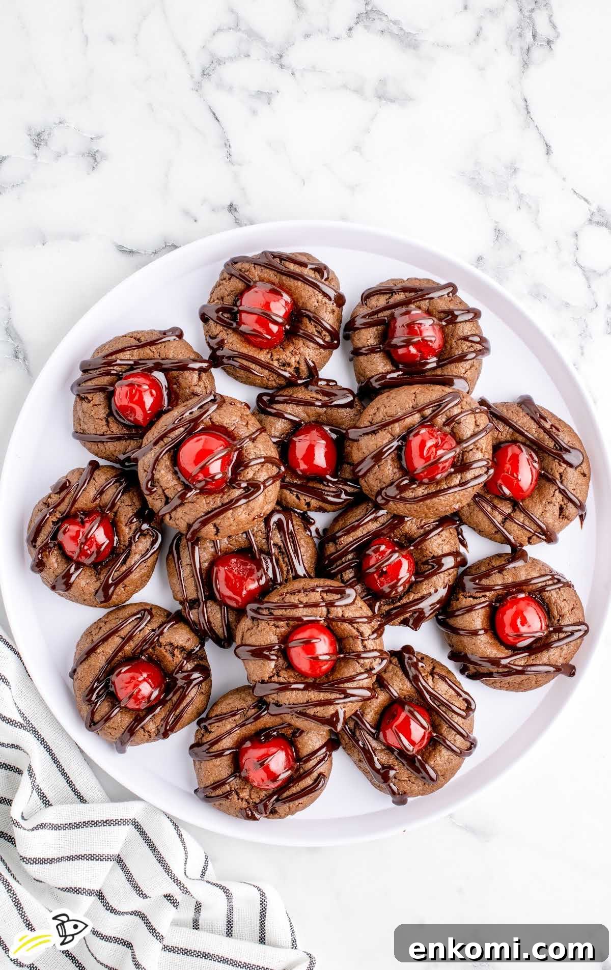 overhead shot of Chocolate Cherry Cookies on a plate