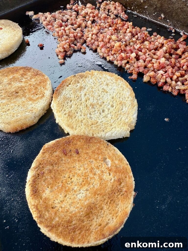 Grilled Mediterranean Breakfast Sandwiches on a Blackstone 6 toasting bread on the griddle
