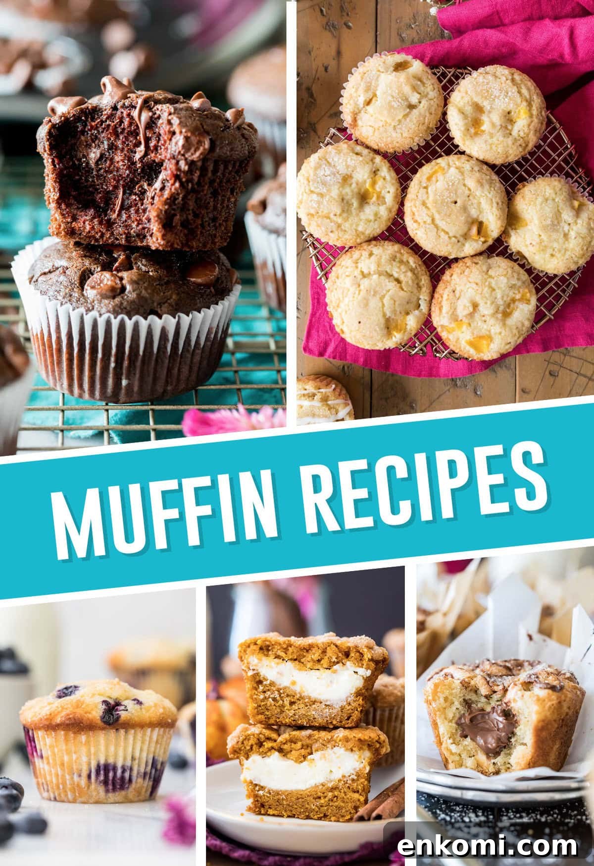 30 Muffin Recipes: Sweet, Savory & Seasonal Ideas 2 collage of best muffin recipes, top images of double chocolate muffins and peach, bottom images include blueberry, pumpkin and nutella