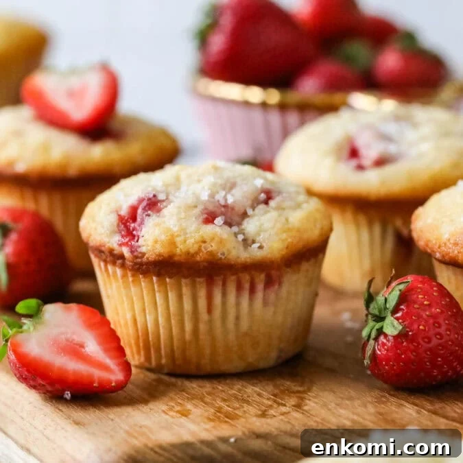 30 Muffin Recipes: Sweet, Savory & Seasonal Ideas 16 Strawberry muffins with sparkling sugar tops on a wood serving board.