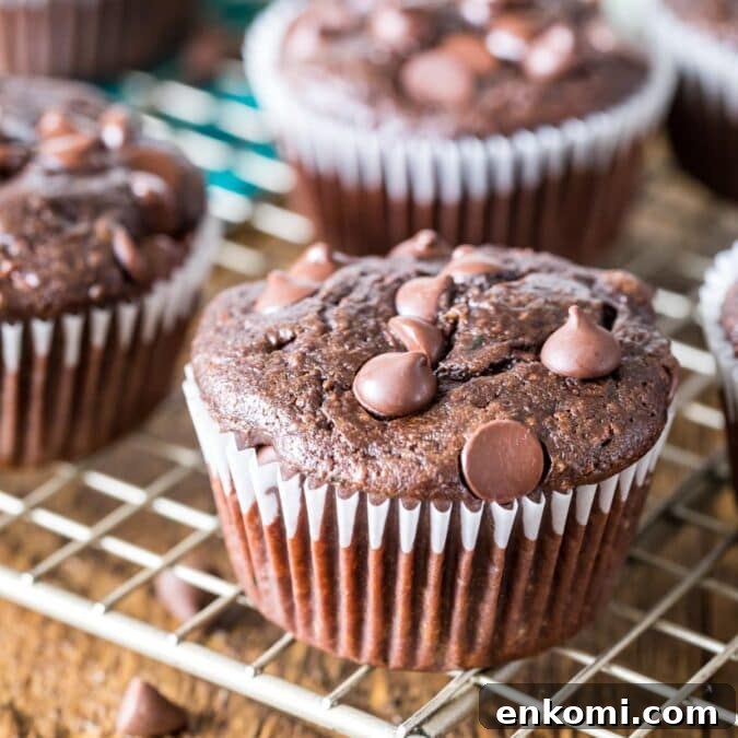 30 Muffin Recipes: Sweet, Savory & Seasonal Ideas 25 Chocolate zucchini muffins topped with chocolate chips on a metal cooling rack.
