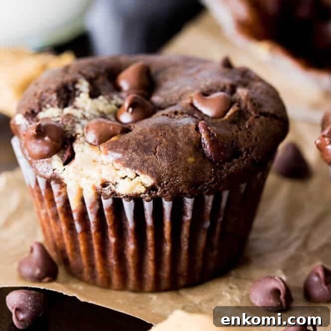 30 Muffin Recipes: Sweet, Savory & Seasonal Ideas 28 Peanut butter chocolate muffin topped with chocolate chips.
