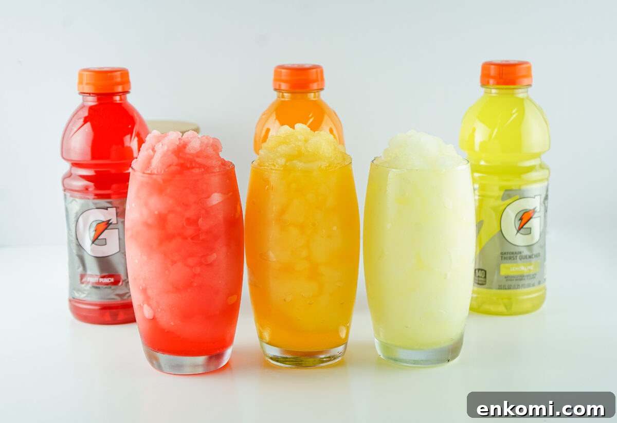 Gatorade Slushie Recipe: 3 Ingredients for Icy Drinks 6 gatorade slushies with gatorade bottles on white table