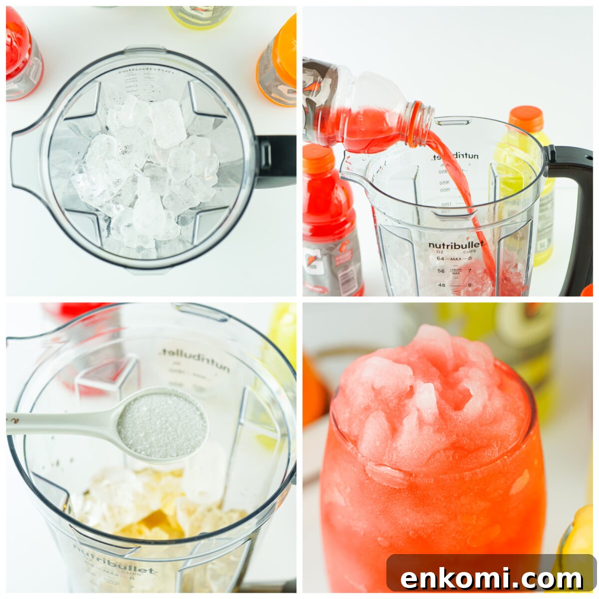Gatorade Slushie Recipe: 3 Ingredients for Icy Drinks 7 collage of step by step for making gatorade slushie (sticking ingredients into a blender)