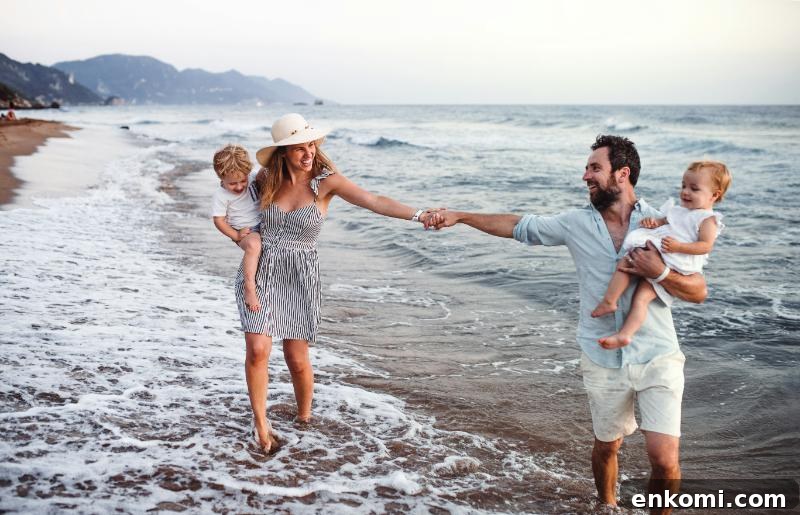 Toddler Travel Clothing Checklist: What to Pack for Trips 5 parents walking the beach with their two toddlers