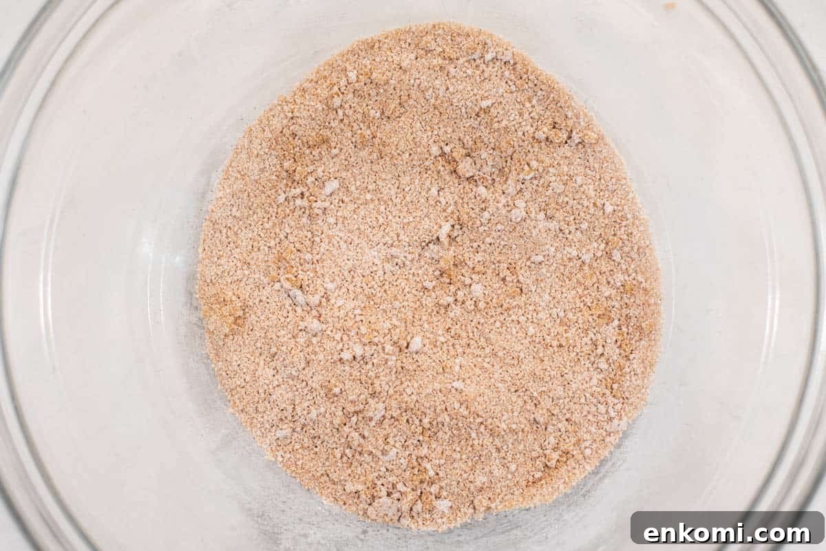 Apple and Blackberry Crumble Recipe for Summer Desserts 5 Dry ingredients mixed in bowl.