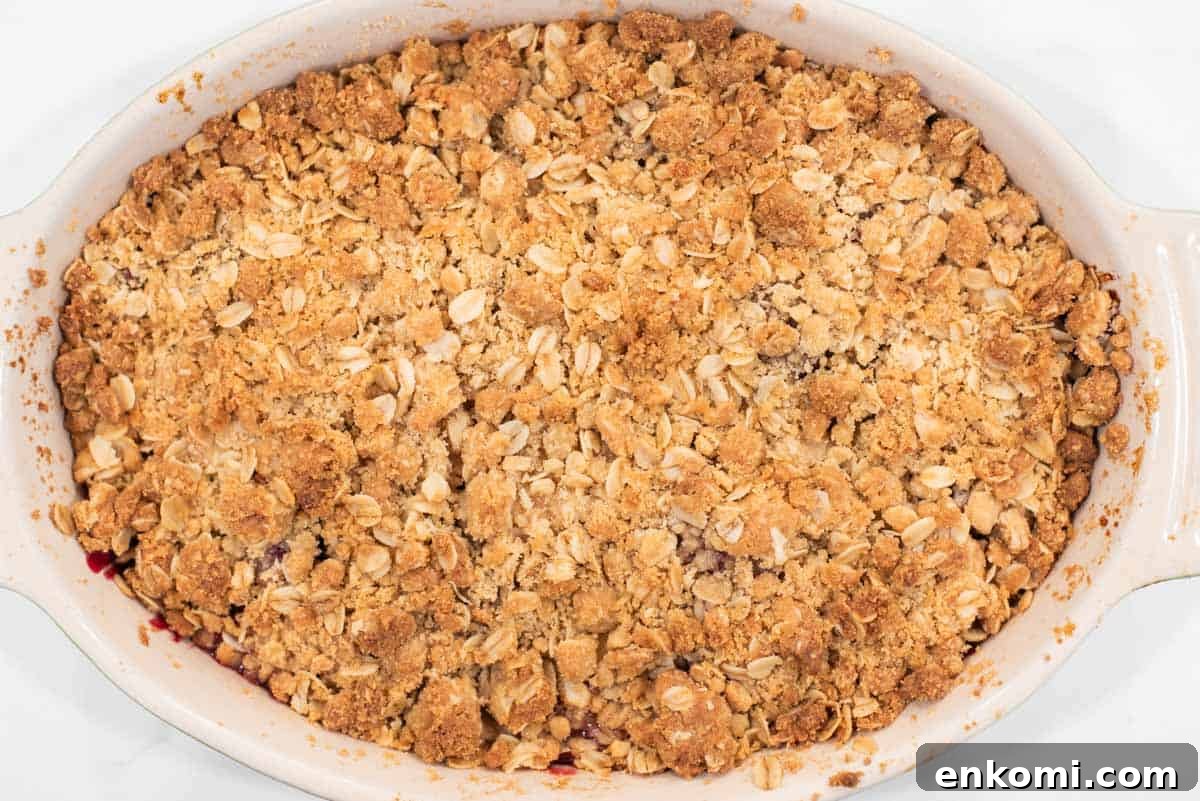 Apple and Blackberry Crumble Recipe for Summer Desserts 9 Baked apple blackberry crumble in baking dish.