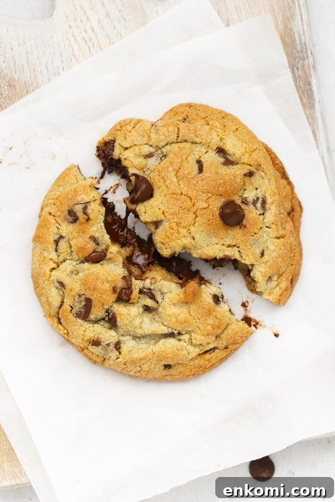 Breaking a gluten-free Levain chocolate chip cookie in half, revealing its gooey center