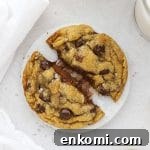 Gluten-free Nutella stuffed chocolate chip cookie being pulled apart to reveal the gooey nutella center
