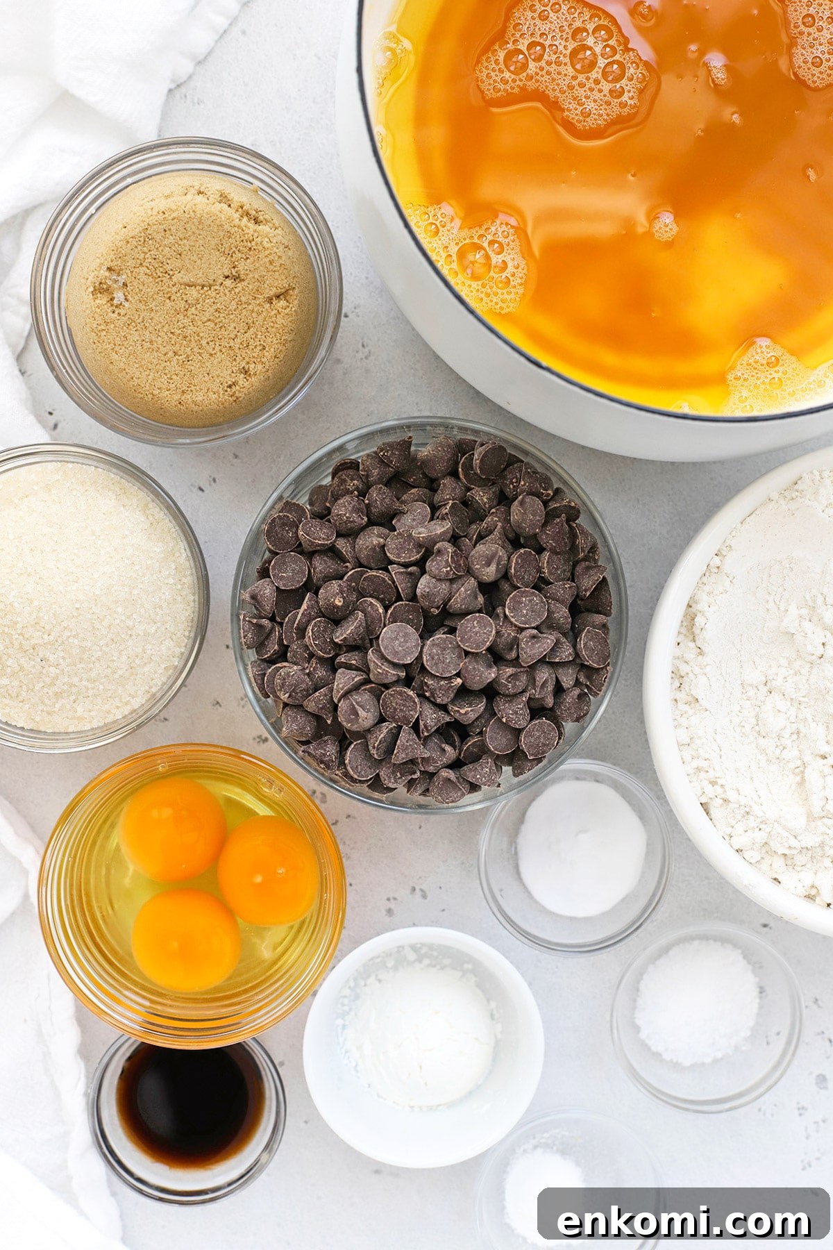 Overhead view of ingredients for gluten-free nutella stuffed chocolate chip cookies