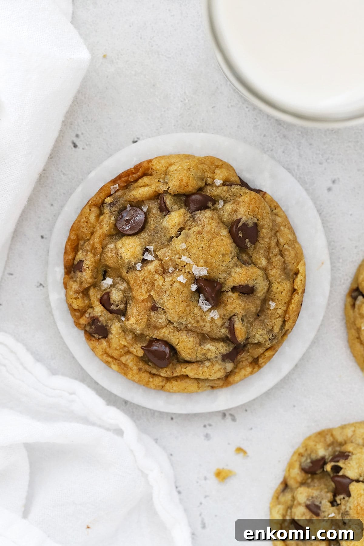 Overhead view of gluten-free brown butter chocolate chip cookies stuffed with nutella